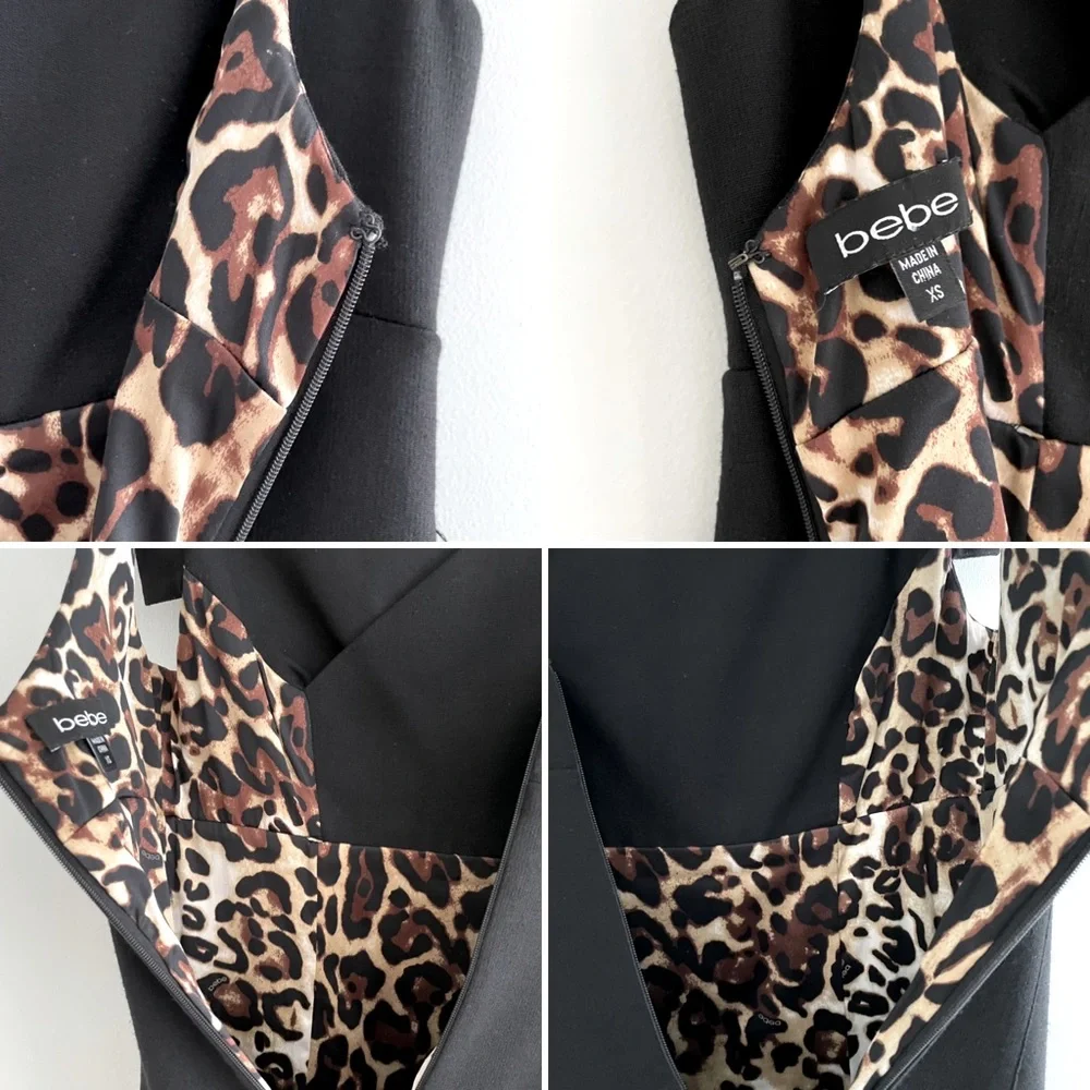 Bebe Black Mini Dress With Leopard Print Lining And Reversible Belt - Picture 13 of 16